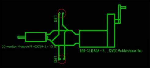 DGO-3512 + Mabuchi FF-050SH - 5...12VDC vaihteistomoottori + Mabuchi FF-050SH-2430 DGO-moottoria generaattorina.