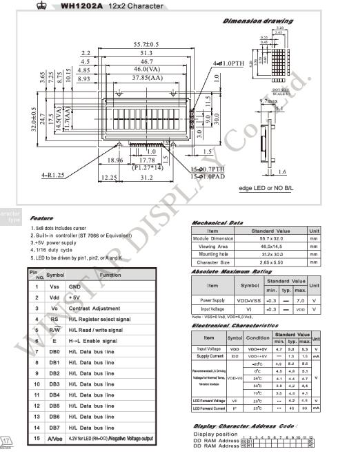 WH1202A-YYB-EP - LCD MODULE WH1202A 12 X 2 CHARACTER taustavalolla CONTRAST Adjustment