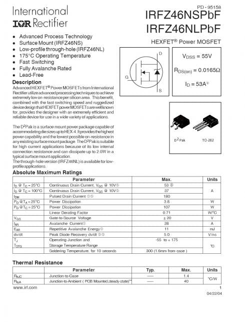 IRFZ46NLPBF - MOSFET N-CH 55V 53AMP 0.0165 Ohm