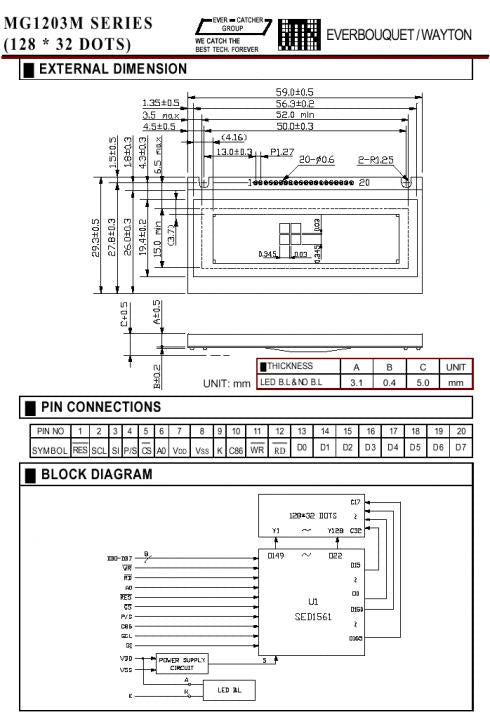 MG1203M-SYL - 128x32 graafinen LCD-moduuli