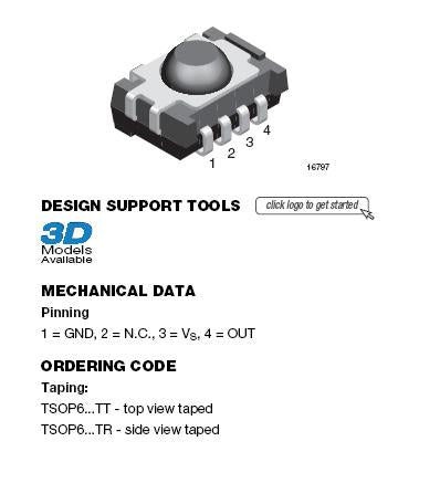 TSOP6238TT - IR Remote Receiver 38kHz 100° 18m 4-Pin SMD T/R Vishay TSOP6238TT, 38kHz IR Receiver ±50 °, 40m Range, 2.5 V - 5.5V, SMT, 7.5 x 5.3 x 4mm