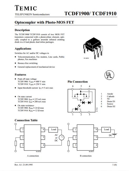 TCDF1900 - Puolijohderele Optocoupler with Photo-MOS FET sopivat esim. Arduinolle. Raspberry