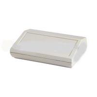 G003 laitekotelo - Viistokotelo. Paikka LCD-näytölle. Erillinen, irroitettava takalevy ( n. 75X38mm). Kotelon mitat:200x135x80x35mm. Väri:harmaa
