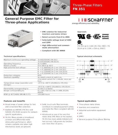 FN351-110-35 - SCHAFFNER FN351-110-35 3-phase filters 440VAC 110A