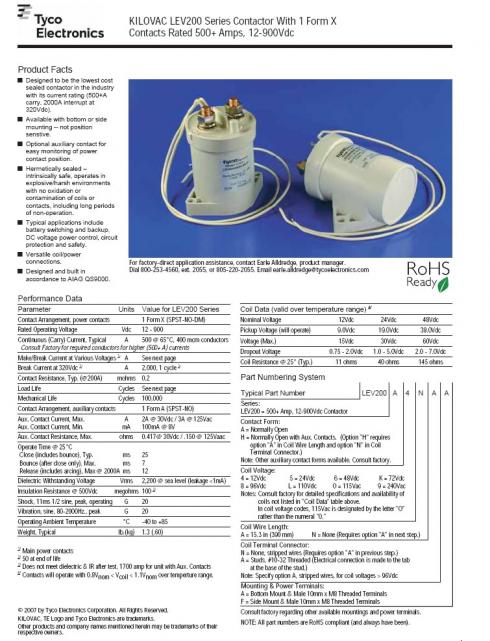 LEV200AKANA - Kontaktori 500A. TYCO Electromechanical Relay SPST-NO-DM 500A 72VDC Flange Mount