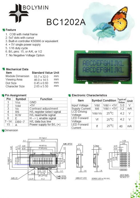 BC1202AYPGEB - LCD MODULE BC1202A 12 X 2 CHARACTER taustavalolla CONTRAST Adjustment