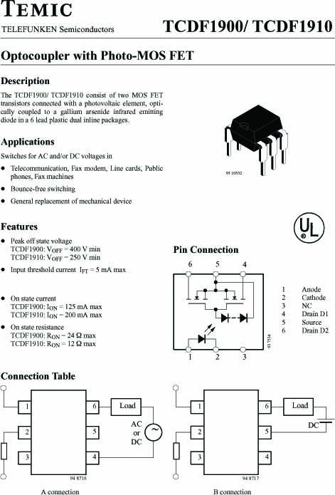 TCDF1900 - Puolijohderele Optocoupler with Photo-MOS FET sopivat esim. Arduinolle. Raspberry