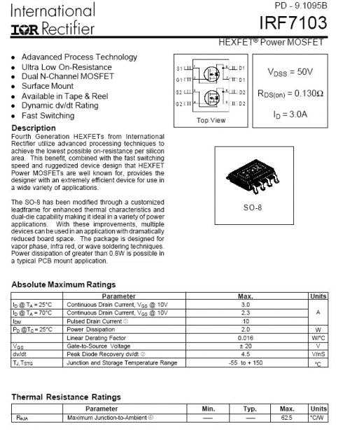 IRF7103TR - Mosfet Array 2 N-Channel Transistors 50V 3A (IRF7103TRPBF