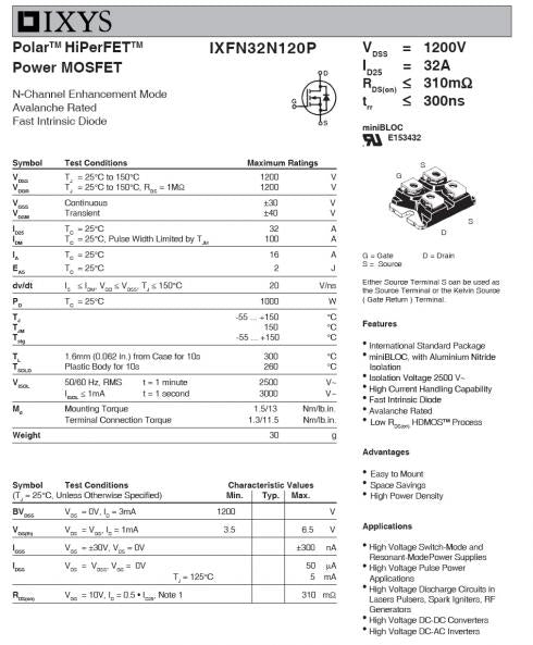 IXFN32N120P - IXFN32N120P IXYS   N-Channel 1200V 32A (Tc) 1000W (Tc) Chassis Mount SOT-​227B 1000WATT