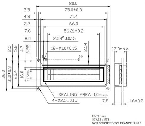 EW162G5YMY - 2x16 LCD-moduuli taustavalolla. Piirilevyn koko n. 79x36mm.
