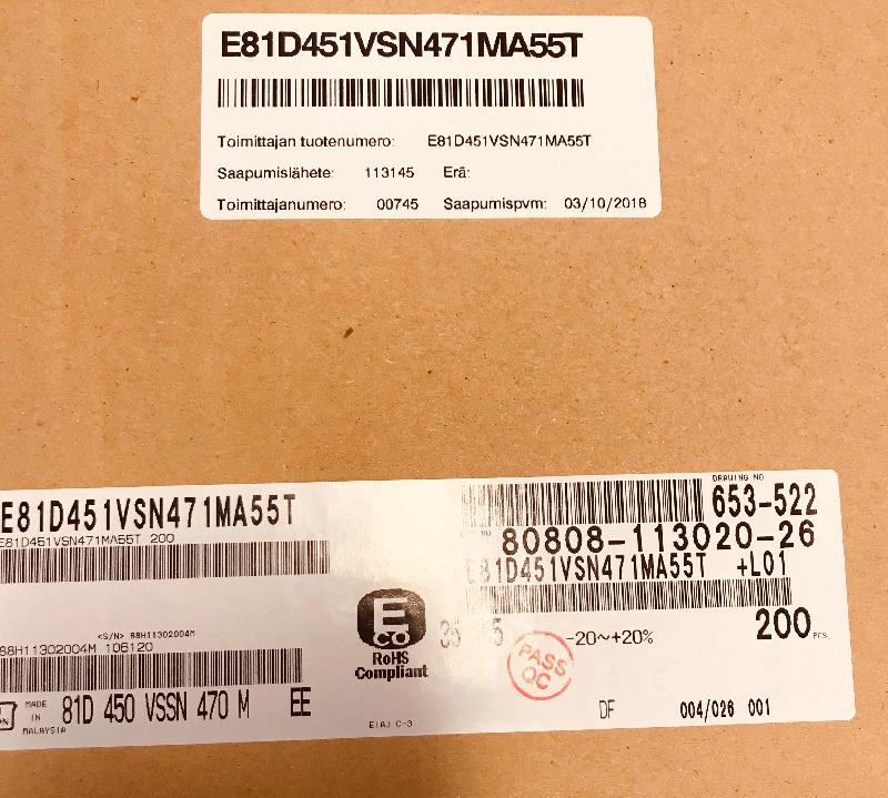 470uF 450VDC 105C - Nippon Chemi-Con E81D451VSN471MA55T Electrolytic Capacitor 35mm×55mm DC2018