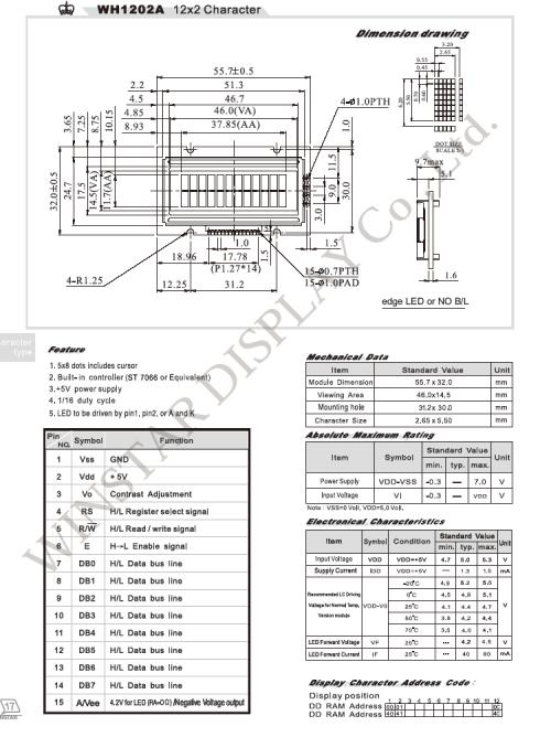 LCD MODULE WH1202A 12 X 2 CHARACTER  taustavalolla CONTRAST Adjustment - Tuotekuva