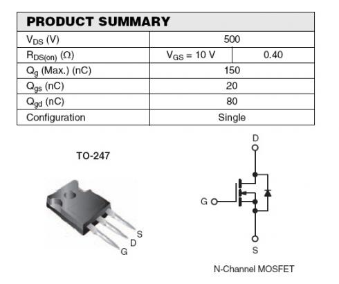 MOSFET N, 500 V 16 A 250 W TO-247, IRFP450PBF, Vishay - Tuotekuva