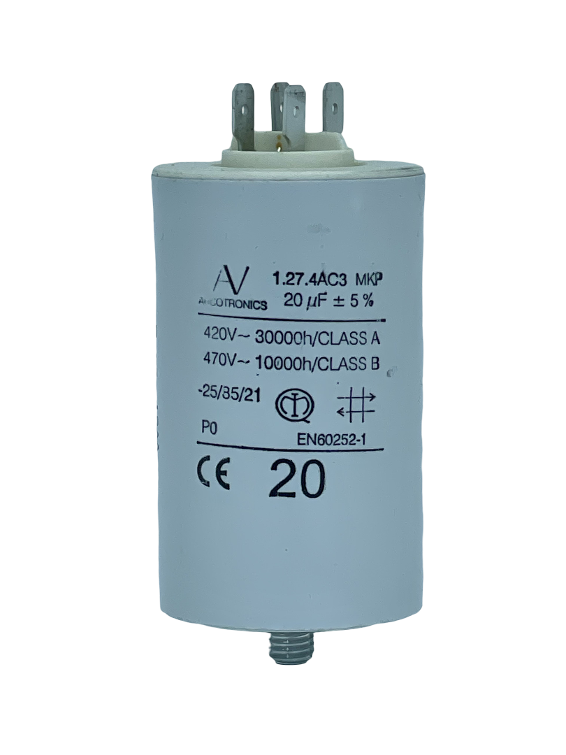 Arcotronics 20uF-Käynnistyskondensaattori 20uF. Mitat n. 45x75mm ( runko ).