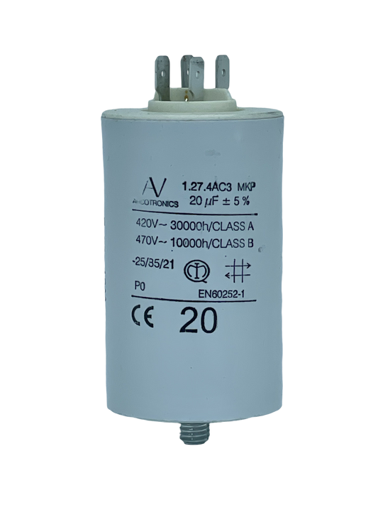 Arcotronics 20uF-Käynnistyskondensaattori 20uF. Mitat n. 45x75mm ( runko ).