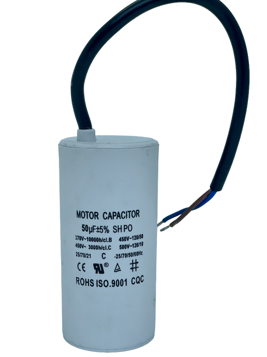 50uF 450VAC - Koko n. 50x108mm ( runko ). Käynnistyskondensaattori, tarkkuus 5% Lattaliittimillä.