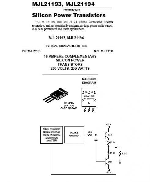MJL21194 - NPN 16Amp 250Volt 200 watt. High power audio output transistor.
