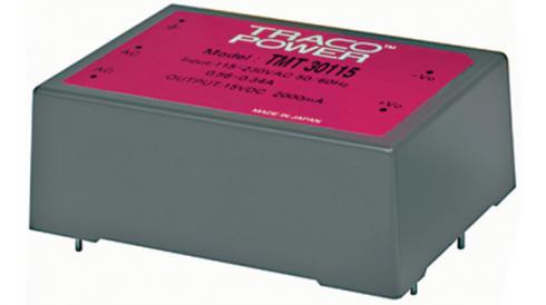 Traco TMT50124 - Piirilevy DC-virtalähde 24V/ 2300mA. Mitat n. 62x88x32mm. Made in Japan.