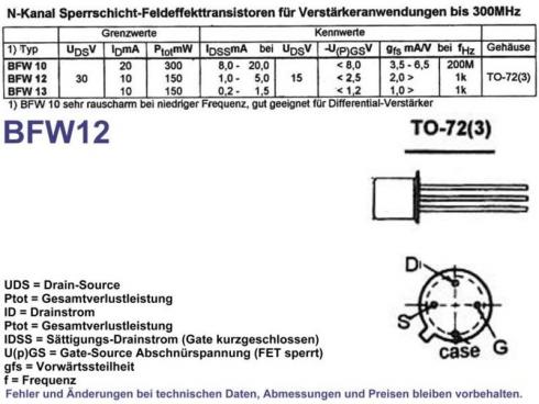 BFW12   JFET - N-Channel J-FET 10mA 30V. IDSS 1..5mA.