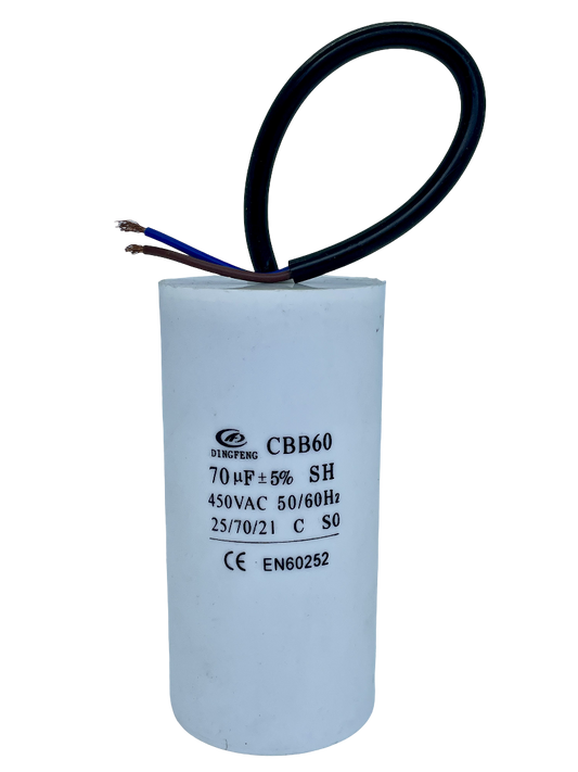 70 uF 450vac - 60x122mm ( runko ).   Käynnistyskondensaattori, tarkkuus 5%