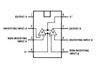 LM1458N - Dual opamp. LM4558 vastaava esim. efektipedaaleihin.
